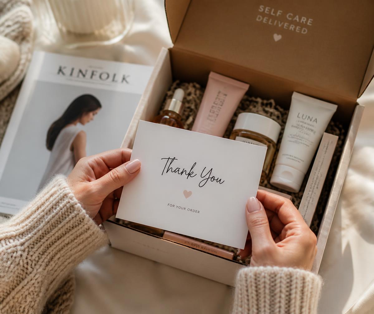 Mãos a abrir uma beauty box Vienne com um cartão de agradecimento